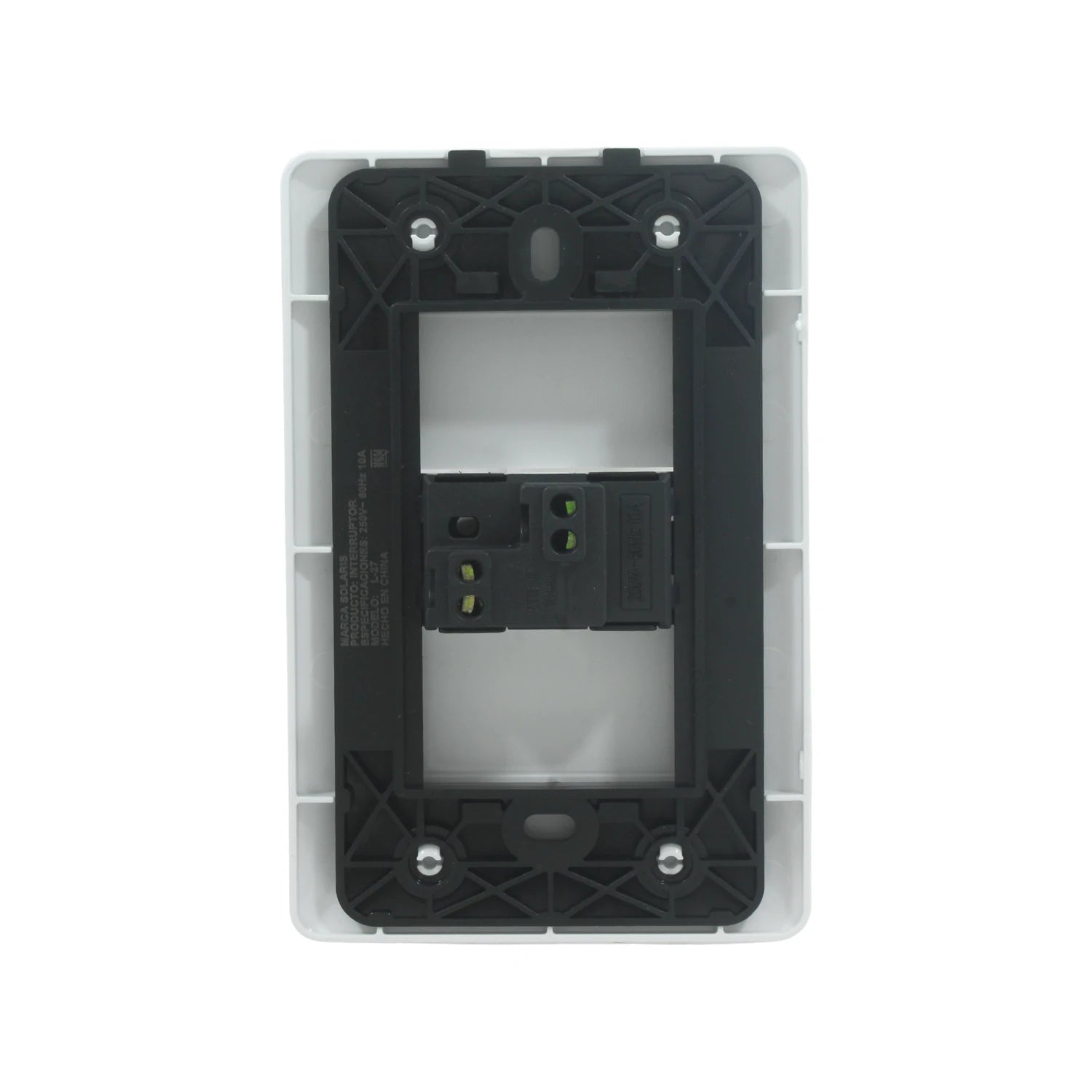Placa para interruptor eléctrico Solaris modelo L27 blanca, vista trasera con especificaciones 250V 10A