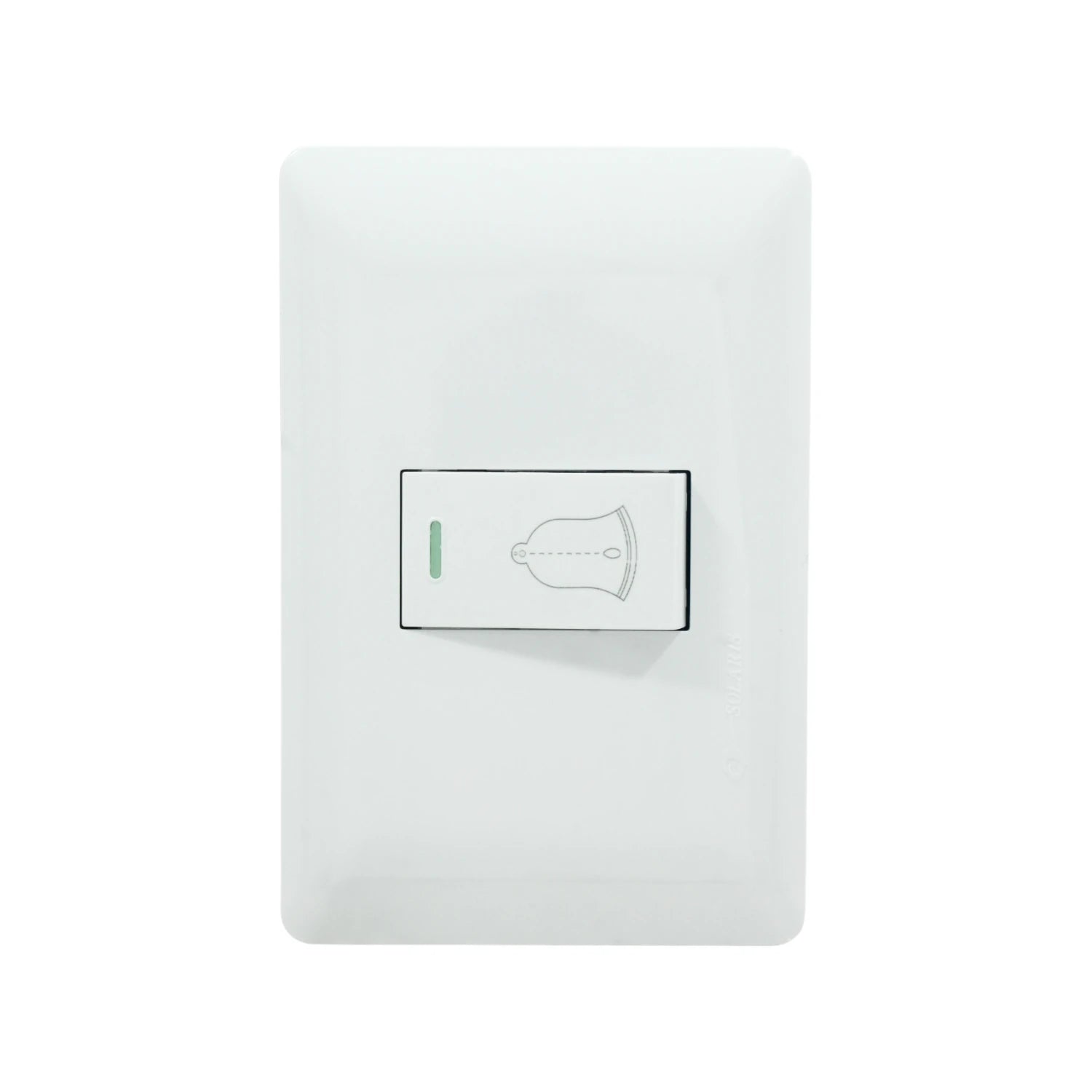 Botón pulsador blanco de timbre, placa eléctrica Solaris para instalación mural.
