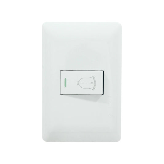 Botón pulsador blanco de timbre, placa eléctrica Solaris para instalación mural.