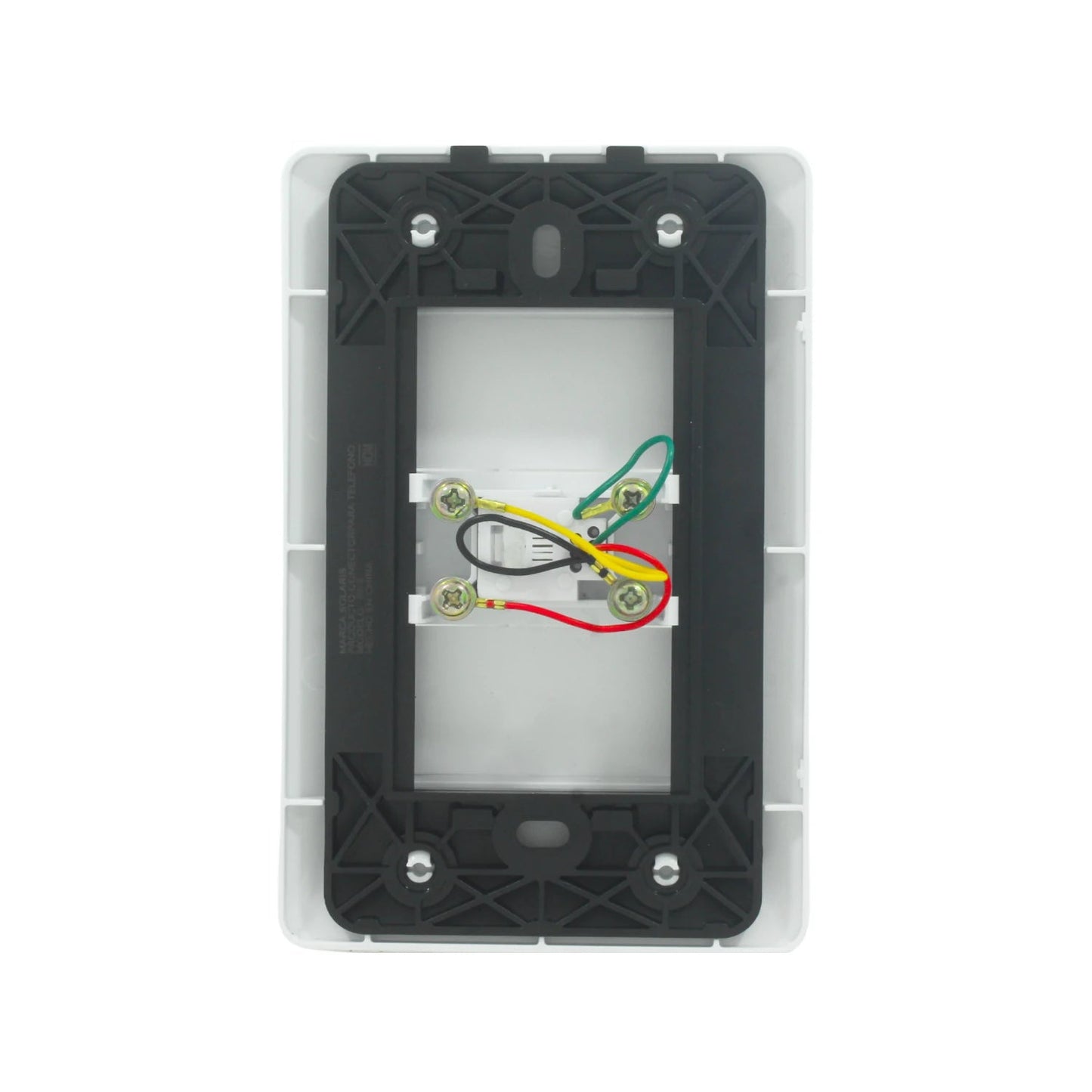 Placa de pared blanca Solaris para 1 entrada de teléfono, vista trasera con terminales y cableado interno