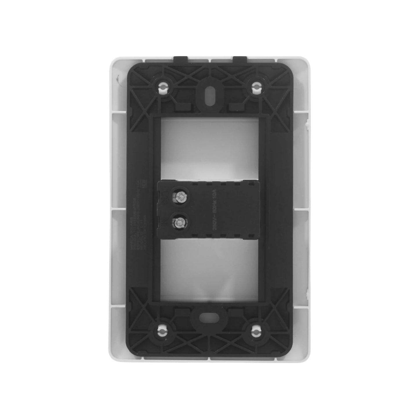 Placa eléctrica blanca vista trasera con mecanismo para dimmer o interruptor 250V 10A