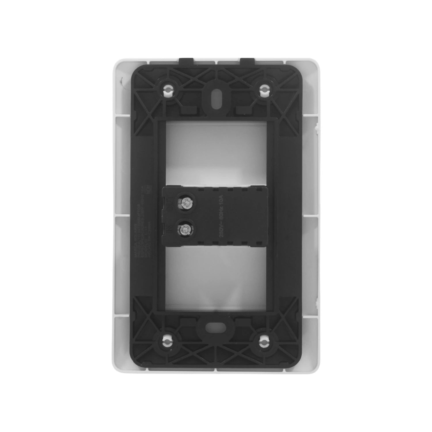 Placa eléctrica blanca vista trasera con mecanismo para dimmer o interruptor 250V 10A