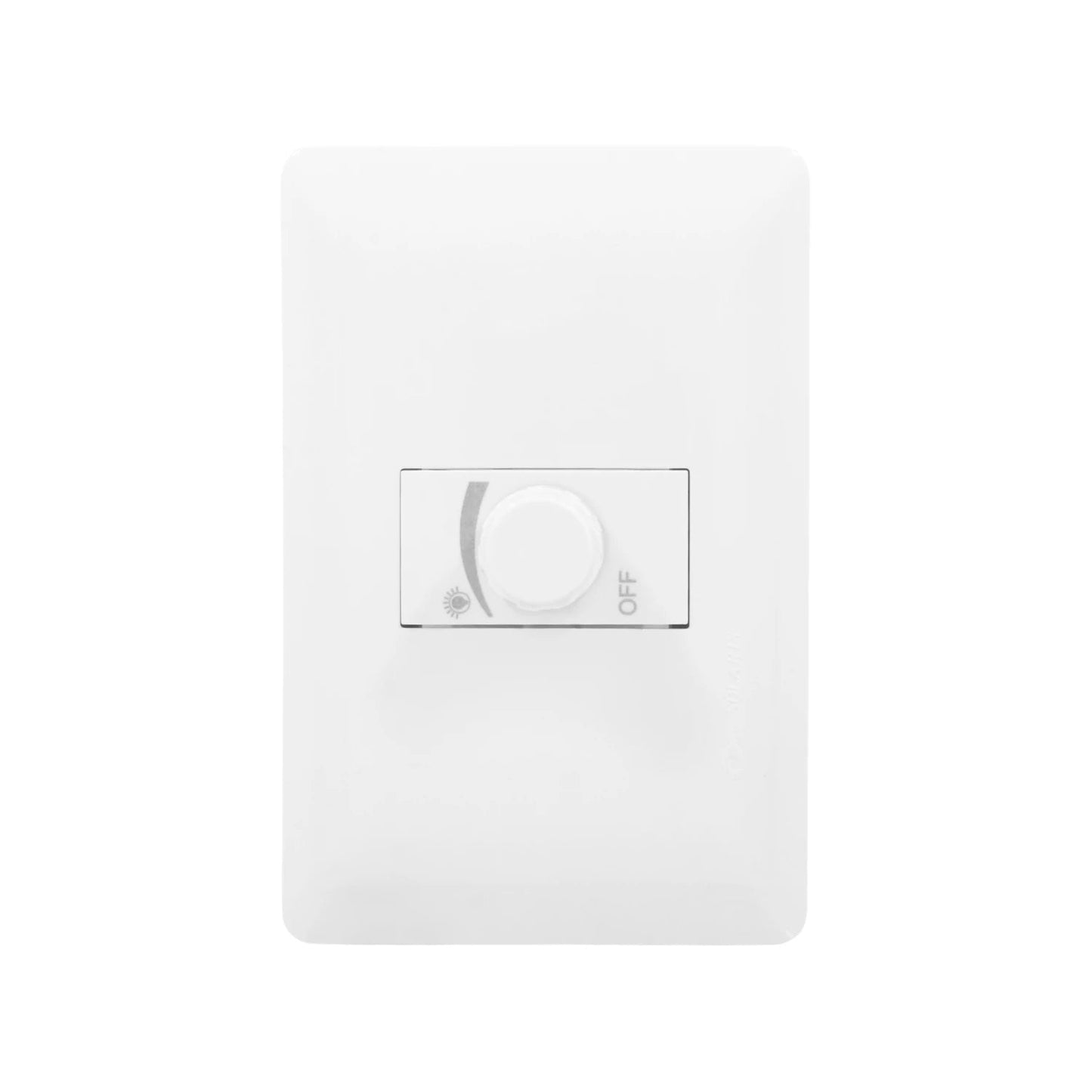 Dimmer de luz rotatorio blanco con placa, control de intensidad y apagado, para iluminación del hogar.