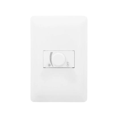 Dimmer de luz rotatorio blanco con placa, control de intensidad y apagado, para iluminación del hogar.