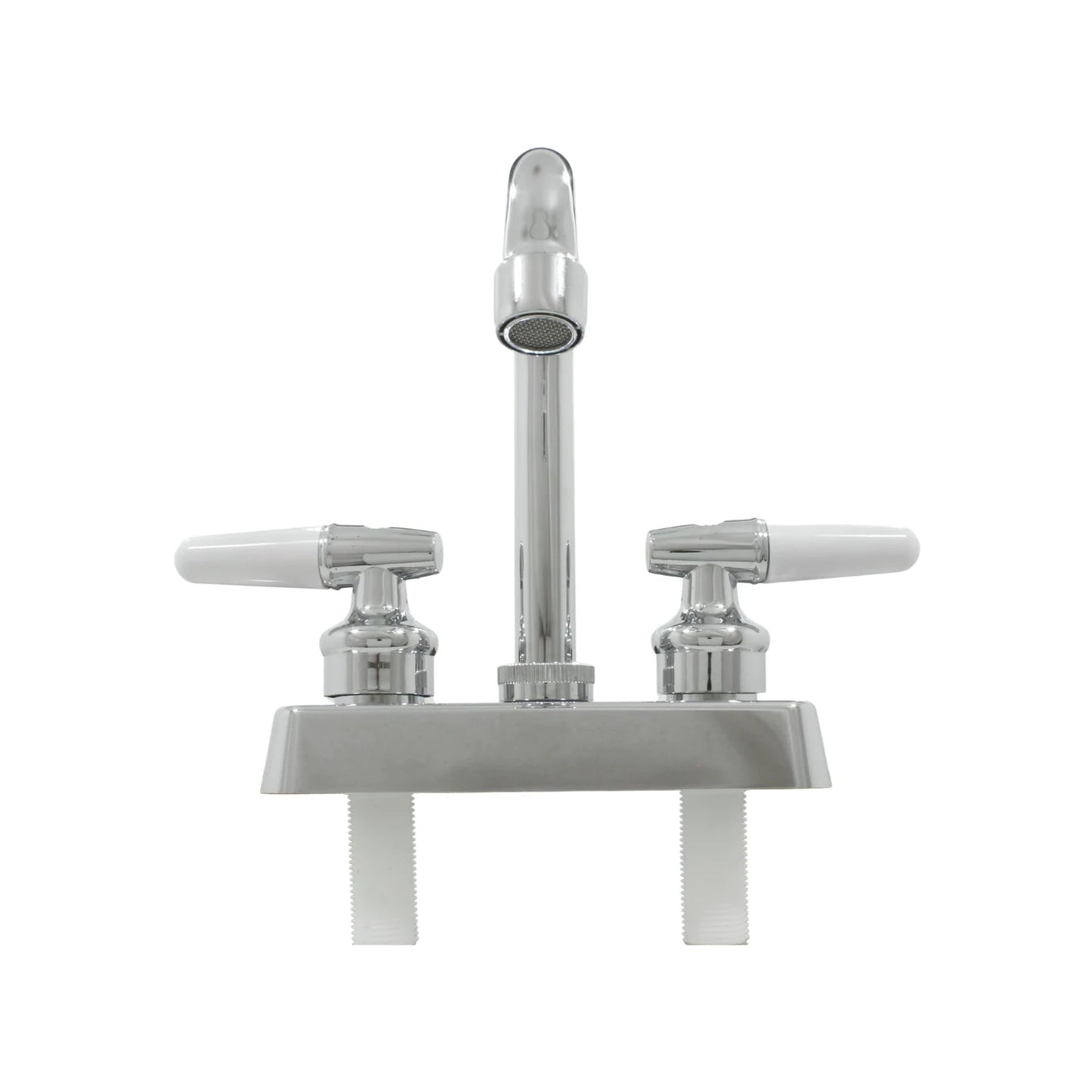 Mezcladora de lavabo cromada para 4 pulgadas, con dos manijas blancas de palanca.