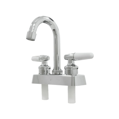 Grifo mezclador para lavabo cromado con doble maneral blanco y pico curvo