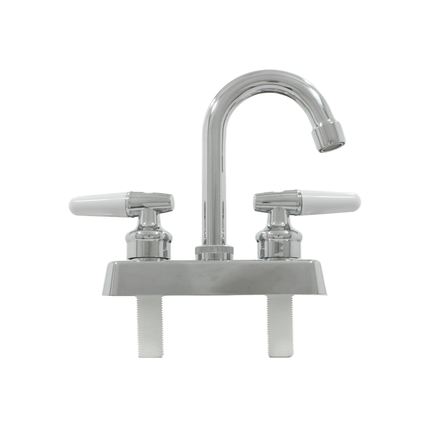Mezcladora de lavabo cromada con dos manijas de palanca blancas para baño.