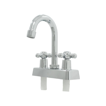 Mezcladora de lavabo cromada con manerales tipo cruz, pico curvo. Dos llaves para agua fría y caliente.