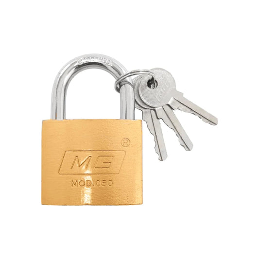 Candado de latón dorado MG 50mm con gancho de acero plateado y tres llaves de seguridad incluidas