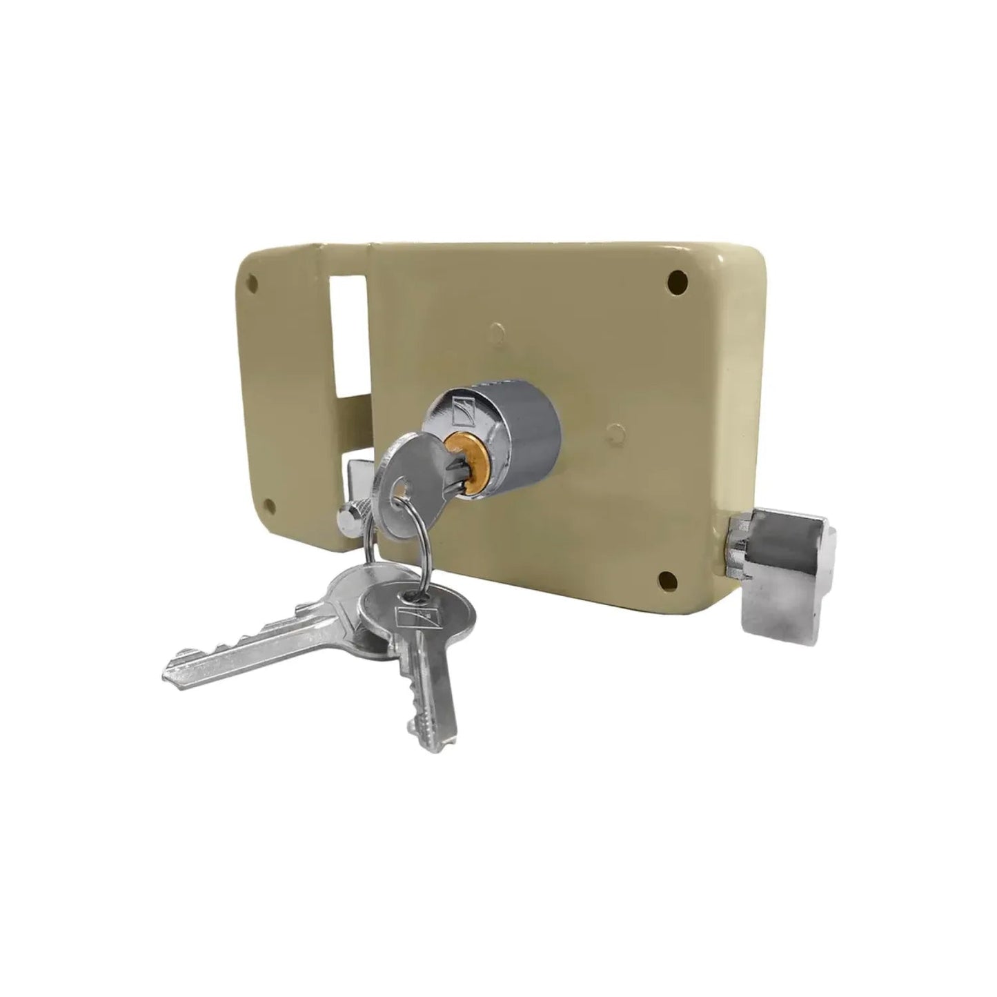 Cerradura de sobreponer izquierda para puerta, color beige, con llaves de seguridad.