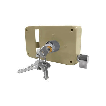 Cerradura de sobreponer izquierda para puerta, color beige, con llaves de seguridad.
