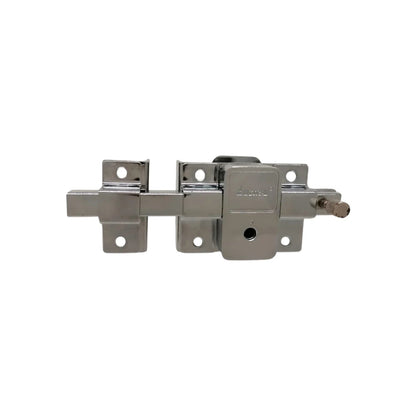 Cerradura de barra fija izquierda Austral 660, metal cromado brillante, con pestillo para seguridad en puertas y portones.