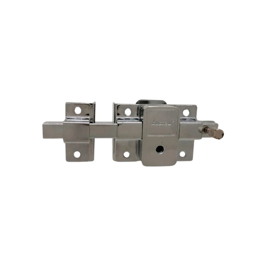 Cerradura de barra fija izquierda Austral 660, metal cromado brillante, con pestillo para seguridad en puertas y portones.