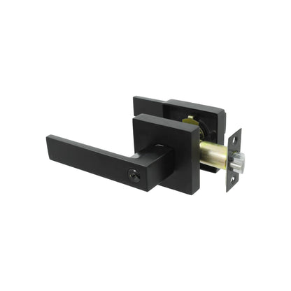 Chapa de palanca negra mate para puerta, con roseta cuadrada, ideal para entrada principal o recámara.