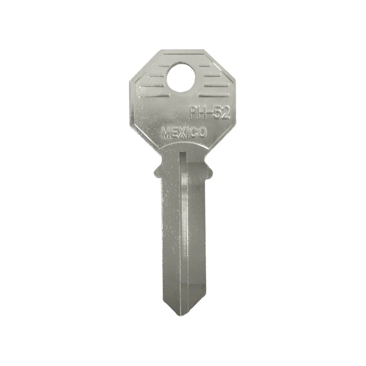 Forja de llave virgen PH-52 niquelada con cabeza octagonal, para cerrajería y duplicados, fabricada en México.