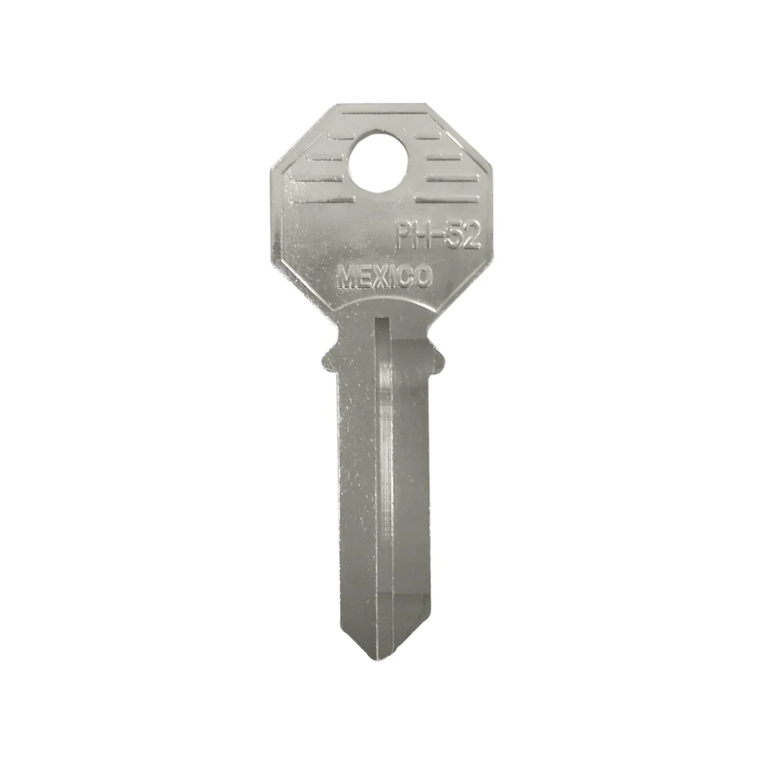 Forja de llave virgen PH-52 niquelada con cabeza octagonal, para cerrajería y duplicados, fabricada en México.