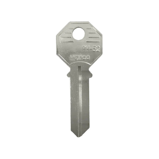Forja de llave virgen PH-52 niquelada con cabeza octagonal, para cerrajería y duplicados, fabricada en México.