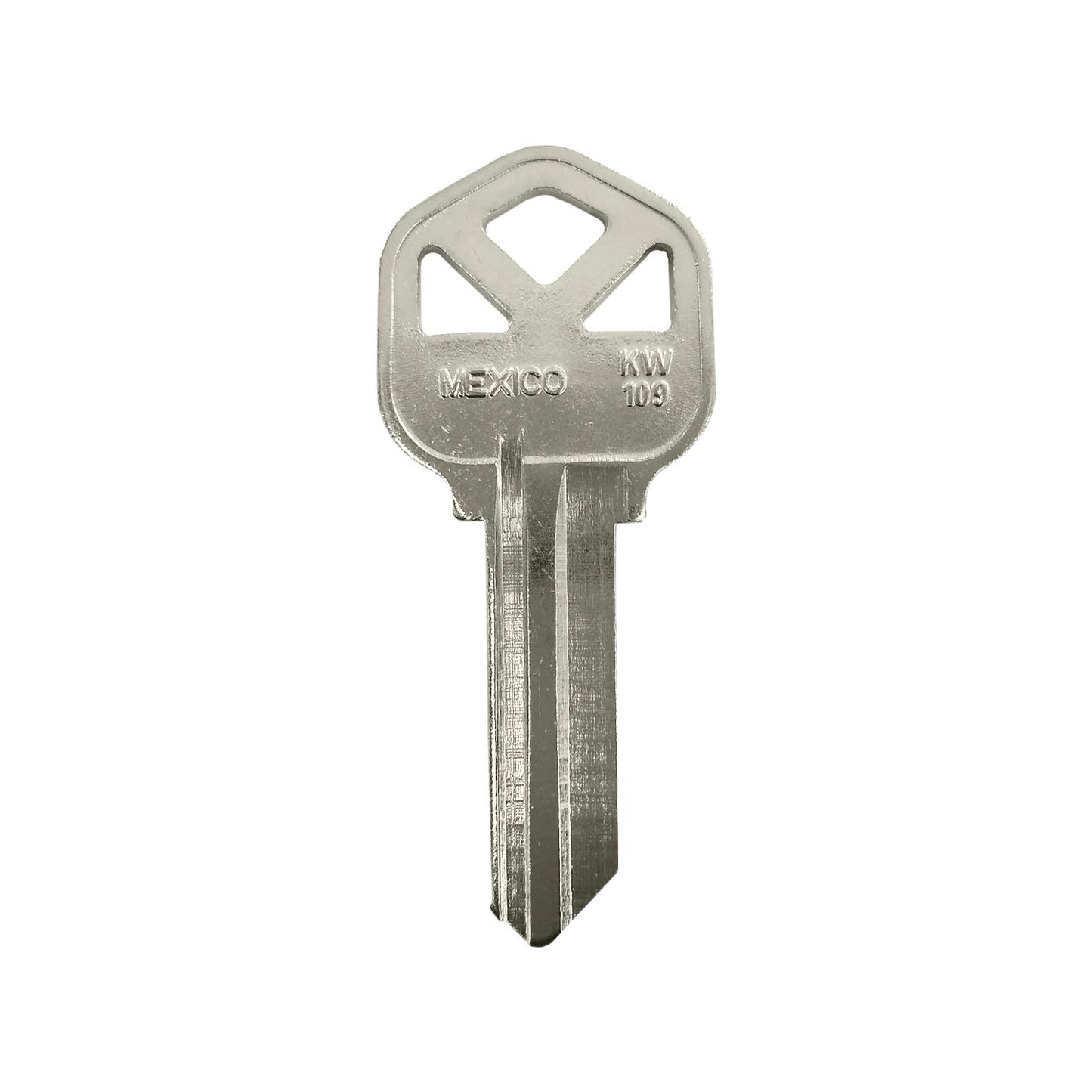 Forja de llave virgen KW-109 niquelada. Llave de metal plateado con cabeza tipo casa y grabado 'MEXICO'.
