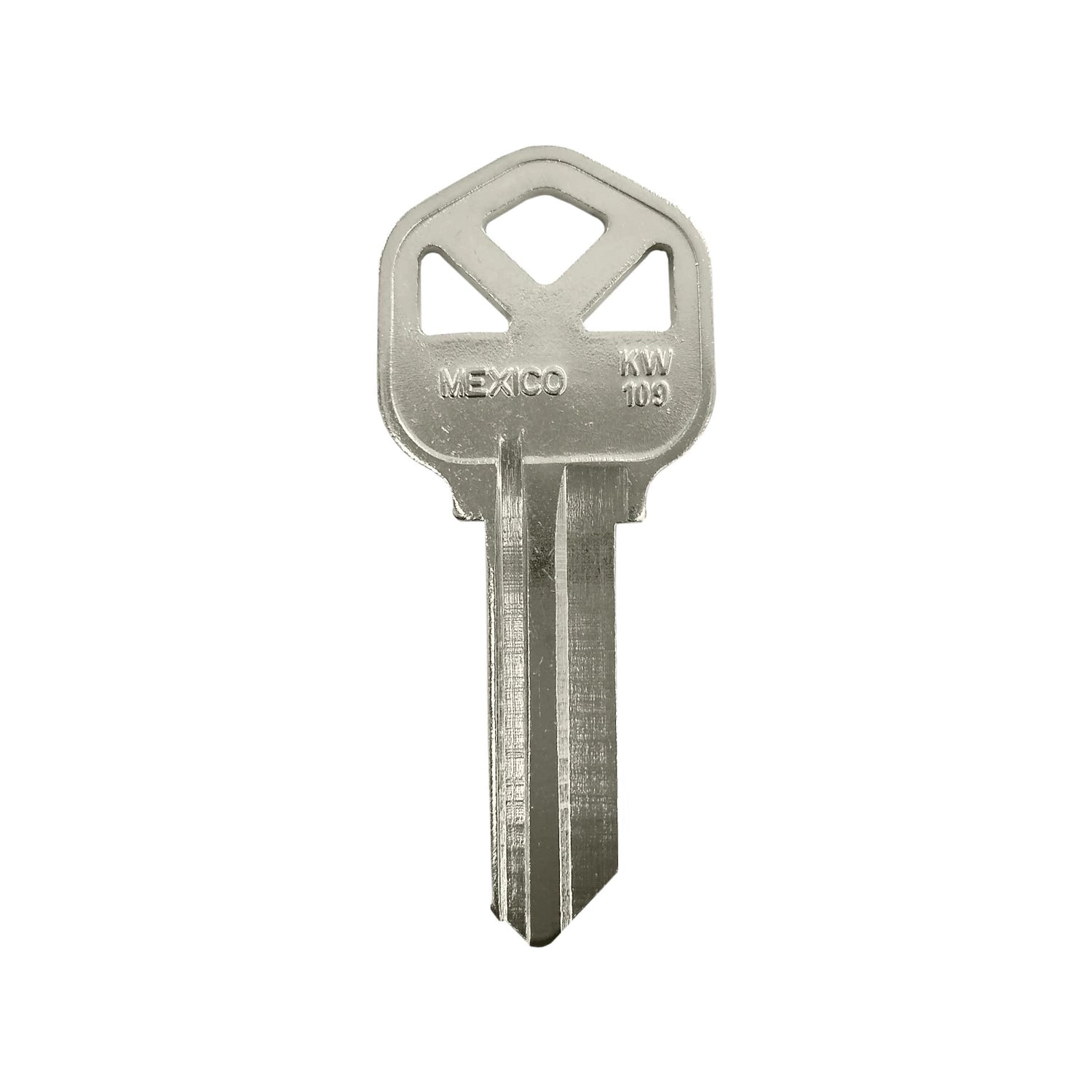 Forja de llave virgen KW-109 niquelada. Llave de metal plateado con cabeza tipo casa y grabado 'MEXICO'.