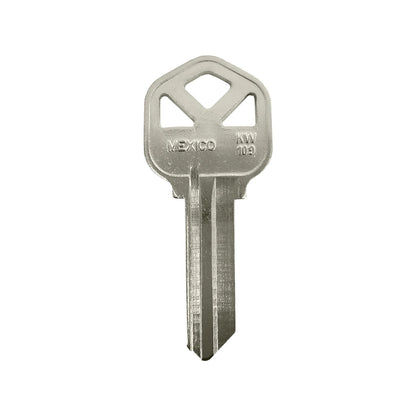 Forja de llave virgen KW-109 niquelada. Llave de metal plateado con cabeza tipo casa y grabado 'MEXICO'.