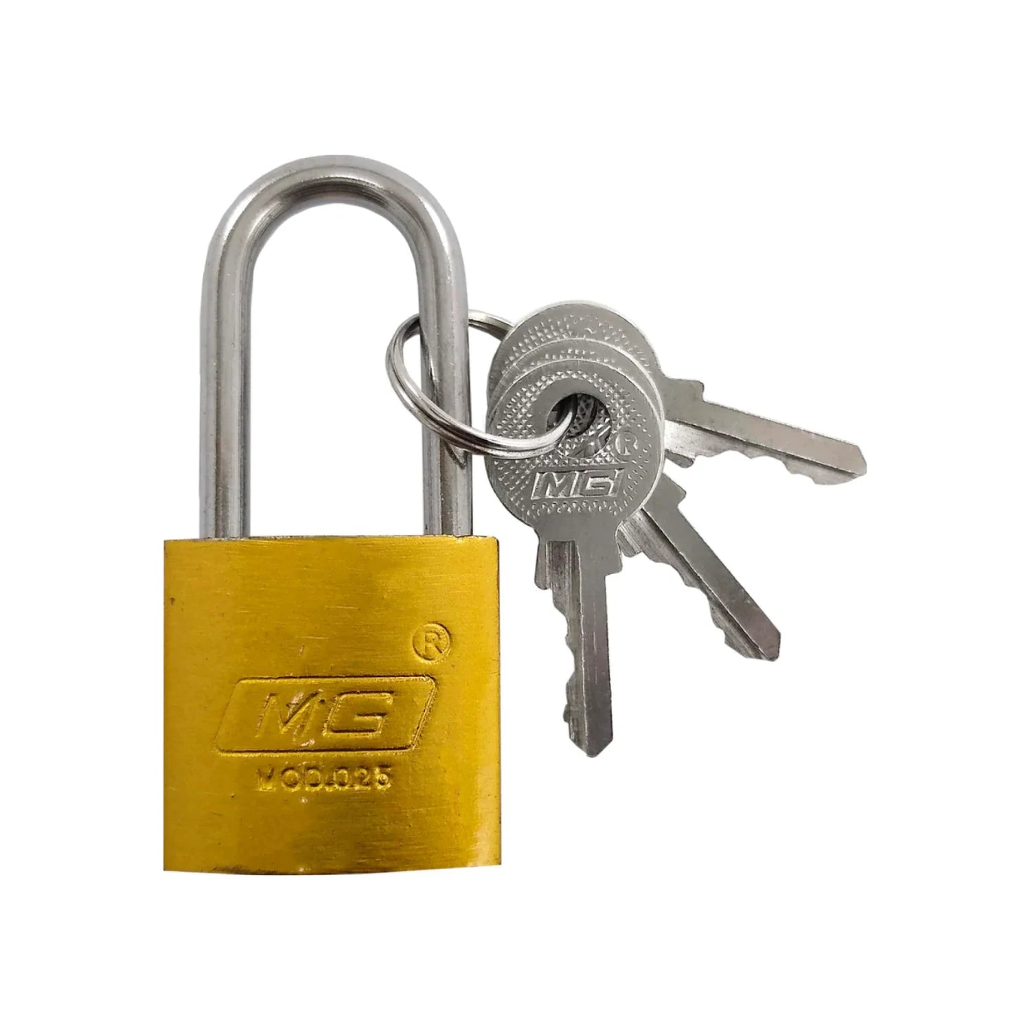 Candado MG de seguridad 25mm, cuerpo de latón dorado y grillete de acero, con 3 llaves plateadas