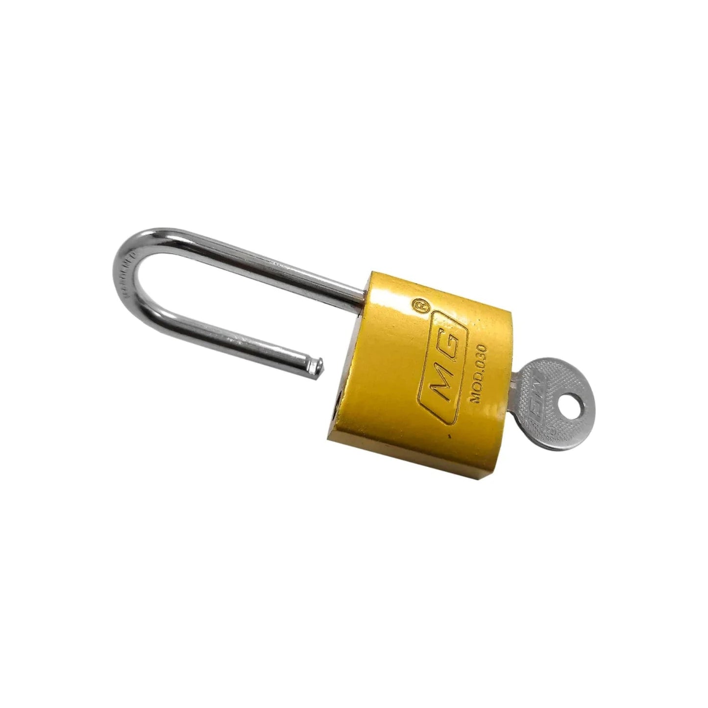 Candado de seguridad MG dorado de 30mm con gancho largo y llave insertada para protección