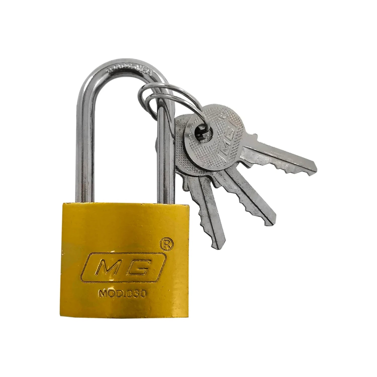 Candado de seguridad MG 30mm dorado con grillete cromado y juego de 3 llaves, ideal para protección general.