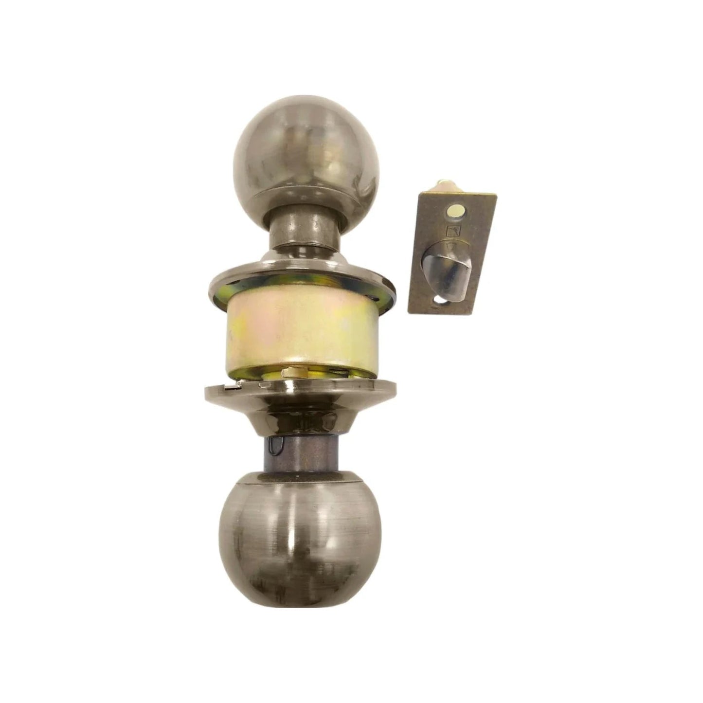 Cerradura de esfera para baño, pomo doble acabado cobre, con mecanismo interno y pestillo.