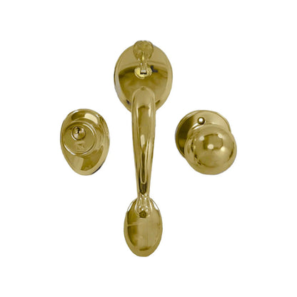 Cerradura entrada principal dorada con manija, cerrojo y perilla. Chapa de seguridad clásica para puertas exteriores.