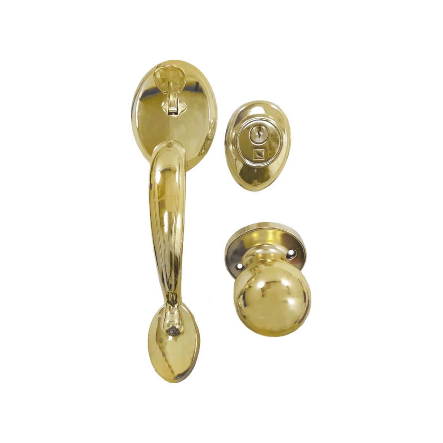 Juego de cerraduras doradas para puerta de entrada: manija, cerrojo y picaporte de estilo clásico.