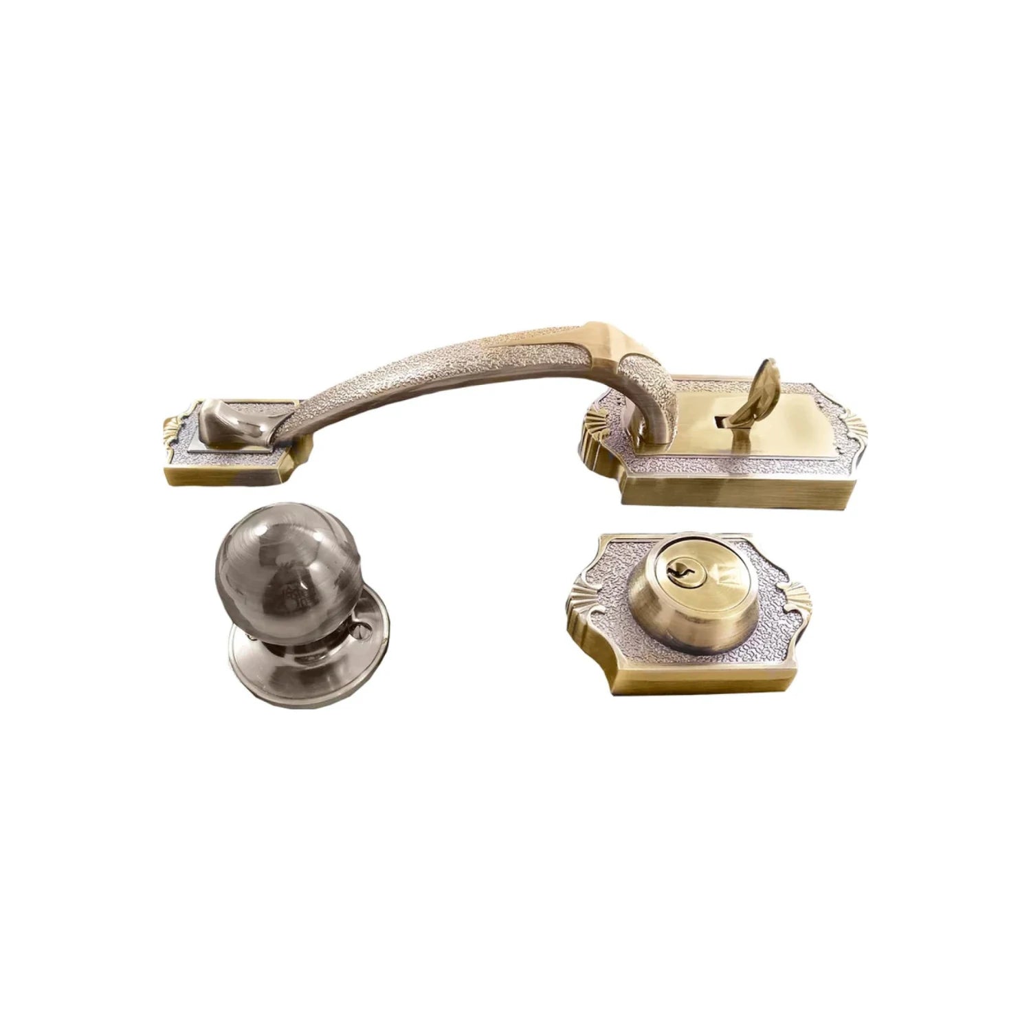 Juego de manija y cerradura de puerta principal latón antiguo decorado, con pomo cromado y cerrojo independiente.