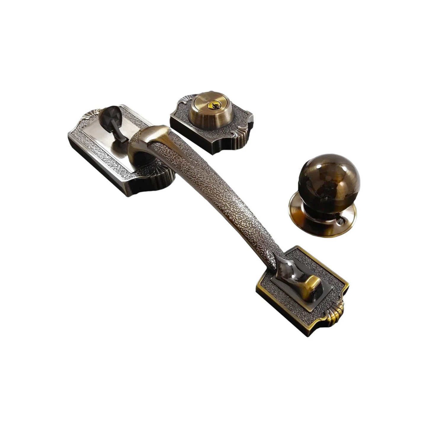 Cerradura de entrada principal estilo colonial, incluye manija, pomo y cilindro de seguridad, acabado cobre antiguo.