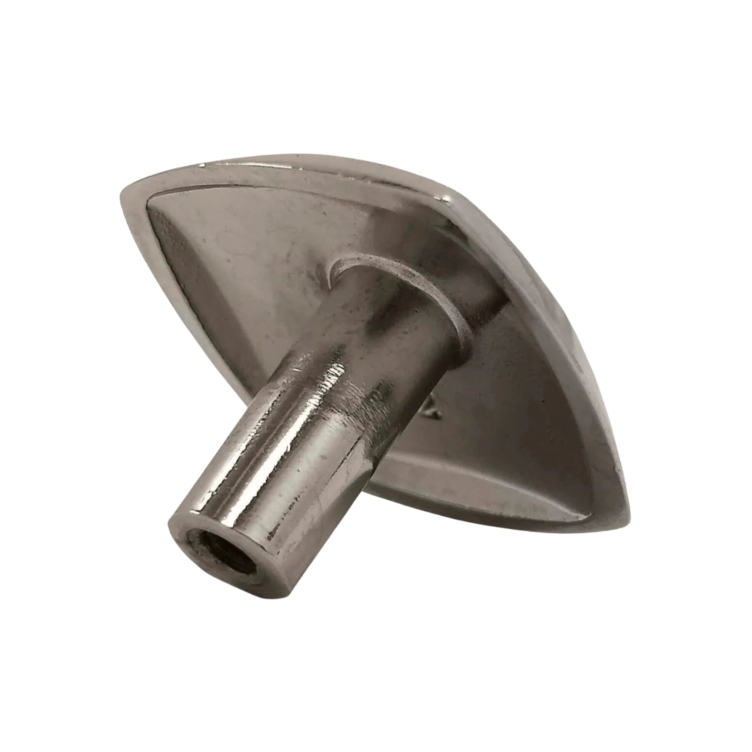 Jaladera de mueble cromada brillante con forma alargada, tirador metálico para cajones y gabinetes, diseño moderno.