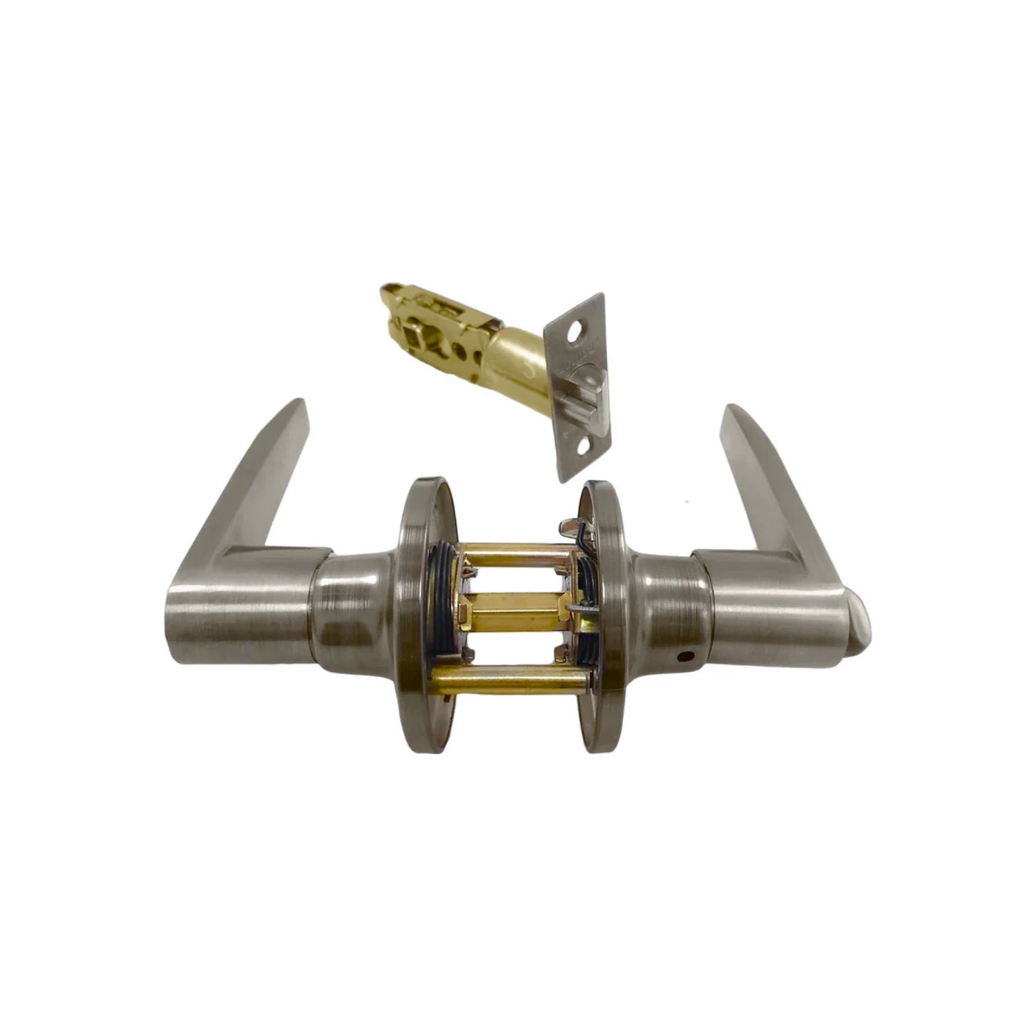 Cerradura de palanca moderna para puerta, componentes desarmados, acabado níquel cepillado, incluye pestillo.