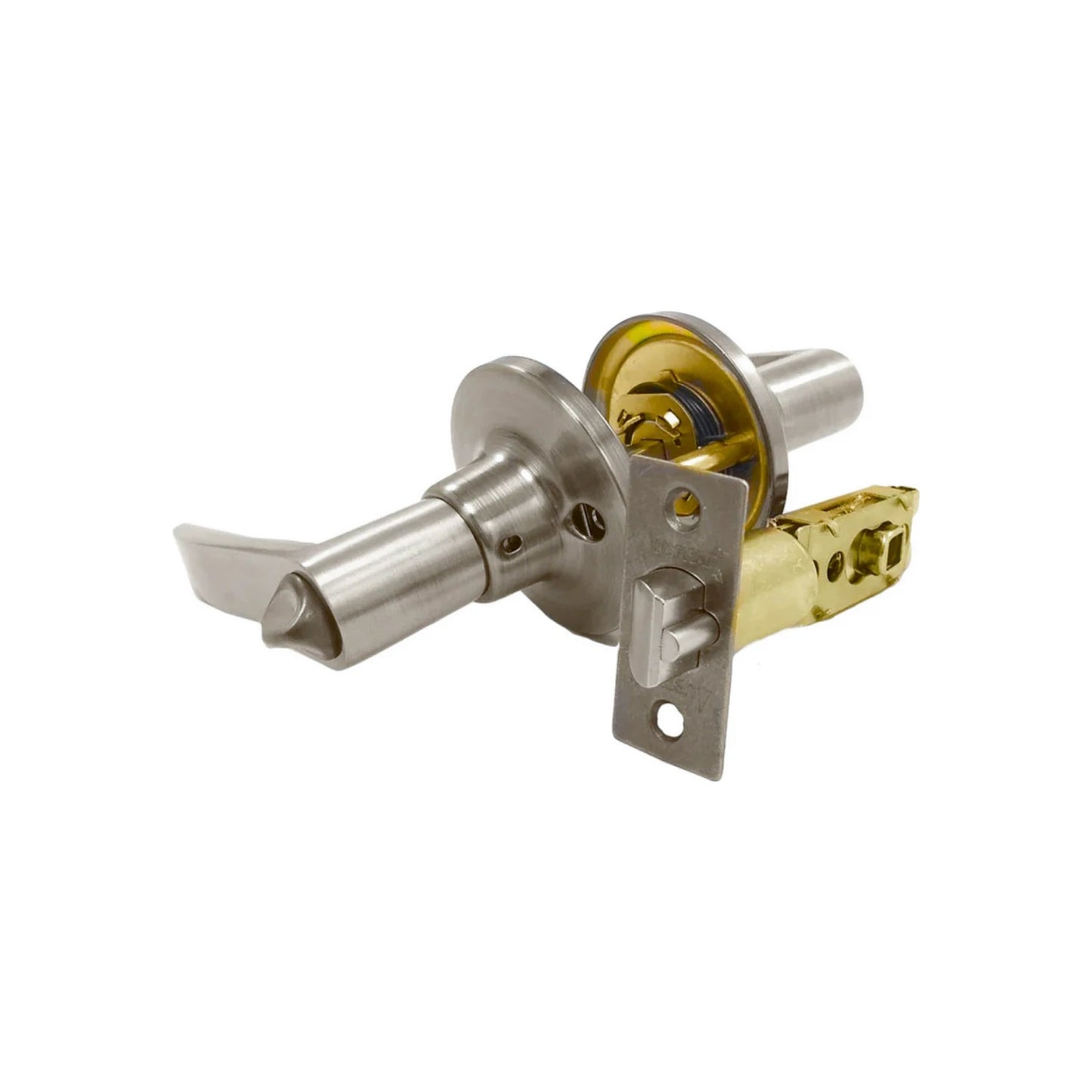 Cerradura de palanca para recámara con acabado níquel cepillado, mecanismo interno expuesto y picaporte.