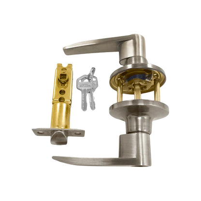 Cerradura de palanca moderna para recámara, acabado níquel satinado, incluye pestillo, mecanismos y llaves.