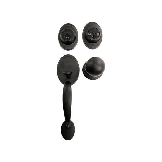 Cerradura de entrada principal negro mate. Incluye manija, deadbolt y pomo. Chapa clásica para puerta exterior.