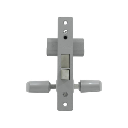 Cerradura Austral para puerta de aluminio, acabado satinado, con mecanismo de botones y perillas giratorias.