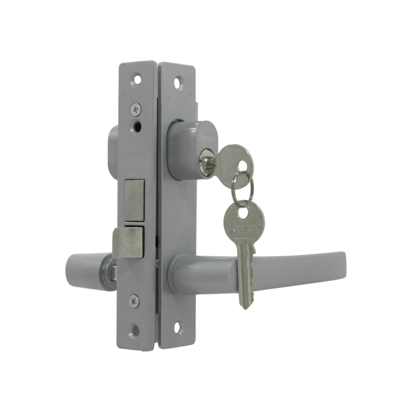 Cerradura de embutir Austral para puerta de aluminio, con manija y cilindro con llaves, acabado cromo satinado