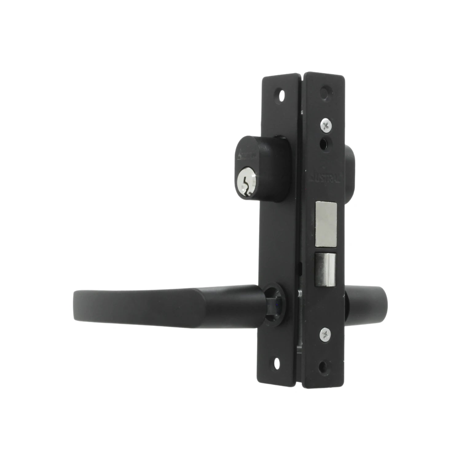 Cerradura Austral negra para puerta de aluminio con manija, picaporte y cilindro de seguridad