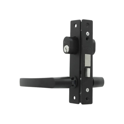 Cerradura Austral negra para puerta de aluminio con manija, picaporte y cilindro de seguridad