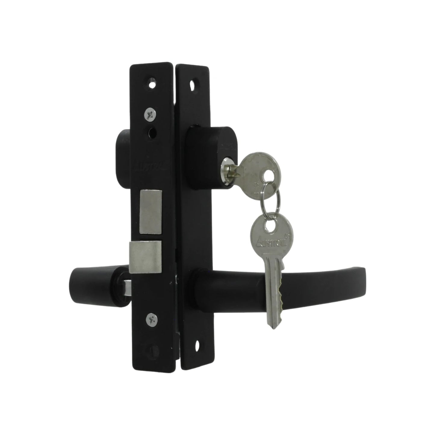 Cerradura de puerta de aluminio negra Austral con manija, llaves, deadbolt y pestillo para seguridad residencial