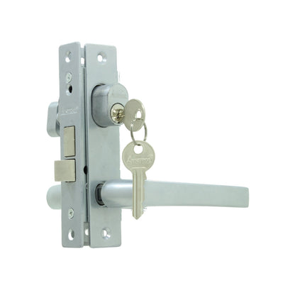 Cerradura mortise Austral para puerta de aluminio, manija de palanca y cilindro con llaves, acabado cromo satinado.