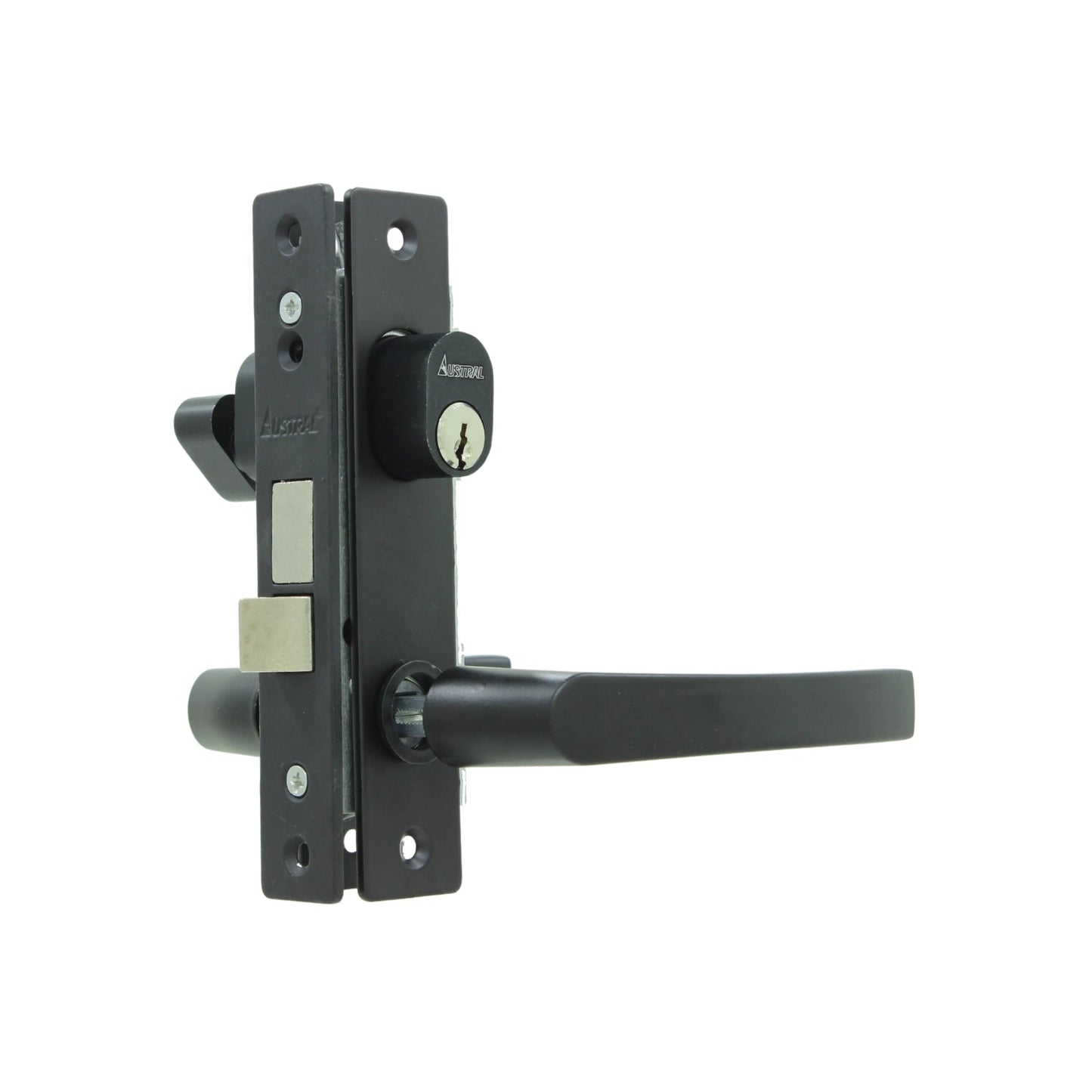 Cerradura de seguridad Austral negra para puerta con manija de palanca, pestillo y cilindro de llave.