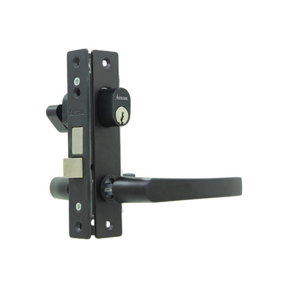 Cerradura de seguridad Austral negra para puerta con manija de palanca, pestillo y cilindro de llave.