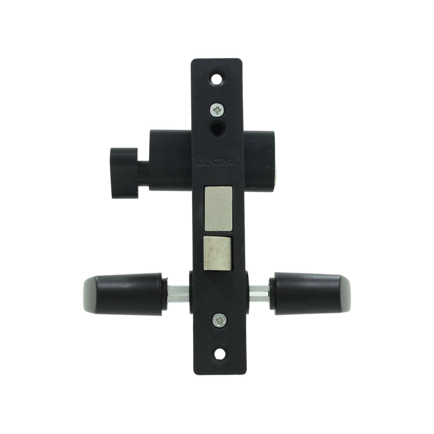 Cerradura negra Austral para puerta de aluminio con manijas y doble pestillo.