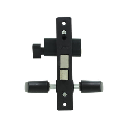Cerradura negra Austral para puerta de aluminio con manijas y doble pestillo.