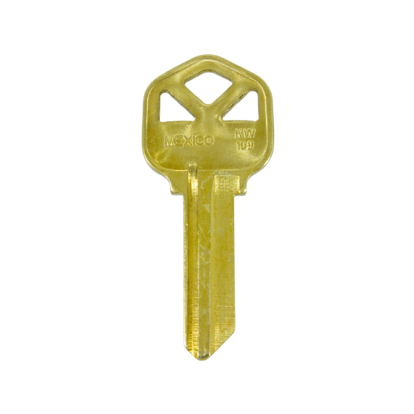 Forja de llave virgen KW109 de latón, color dorado, fabricada en México para cerrajería.