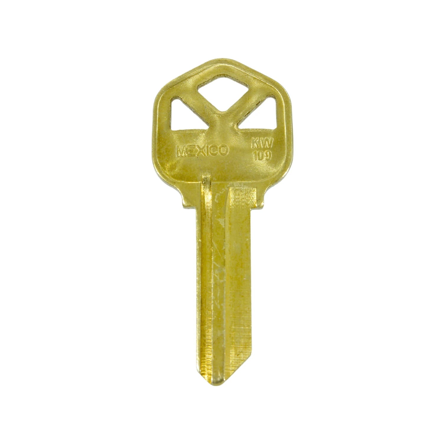 Forja de llave virgen KW109 de latón, color dorado, fabricada en México para cerrajería.