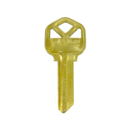 Forja de llave virgen KW109 de latón, color dorado, fabricada en México para cerrajería.